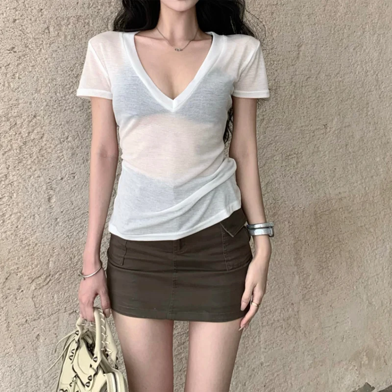 Women Short Sleeves T Shirt See Through Summer Solid Slim Casual Shirts Female Pullovers Basic Tee Y2k Clothes Streetwear Top