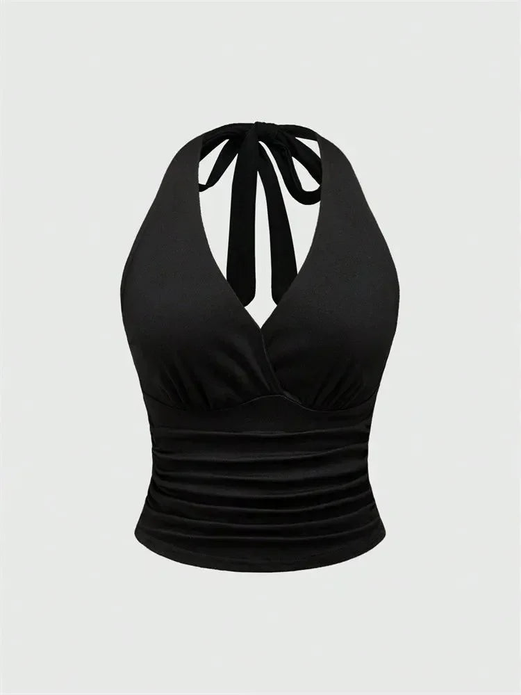 Solid V-neck Backless Halter Crop Top for Women Summer Sexy Y2K...