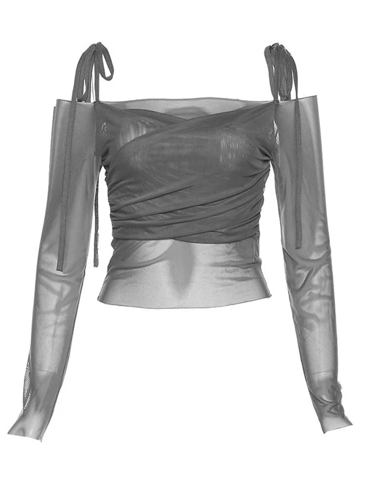 Women's Y2K Streetwear Solid Slash Neck Crop Top Sexy Off-Shoulder Long Sleeve Slim Mesh Tee Straps T-Shirt
