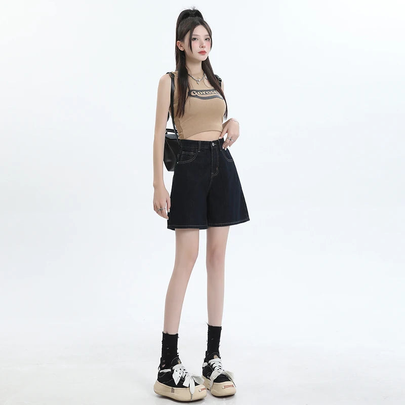 Women's Dark Blue High Waist Denim Shorts Loose Wide Leg Design Sense Niche Vintage Style