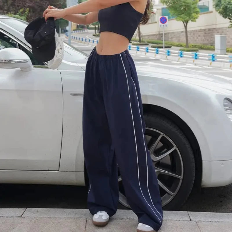 Y2K Women Vintage Baggy Cargo Pants For Women Drawstring Elastic Low Waist Pants Harajuku Hip Hop Straight Wide Leg Sweatpants