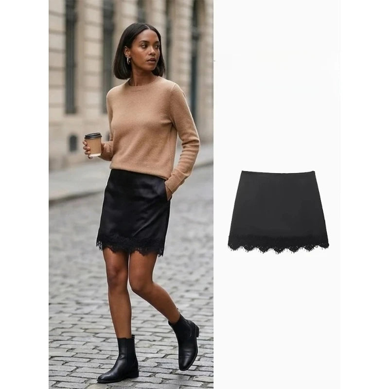 FANAN Women Fashion Solid Side Zipper Lace Hem Mini Skirts Shorts Vintage High Waist Female Chic Lady Shorts