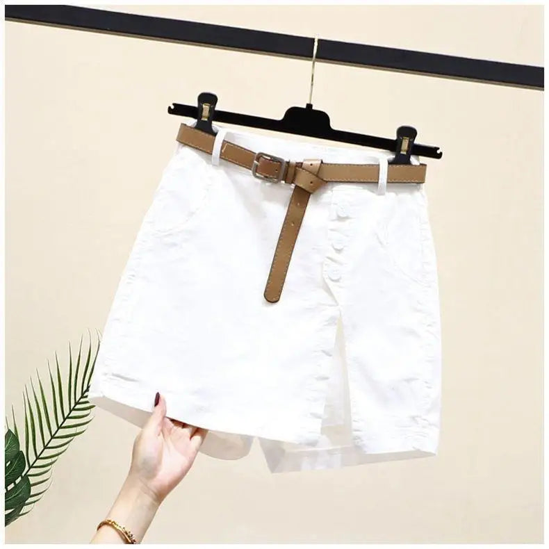 Women's Summer with Belt Cotton Shorts New Korean Joker Fashion Button High Waist A-word Pants Skirt