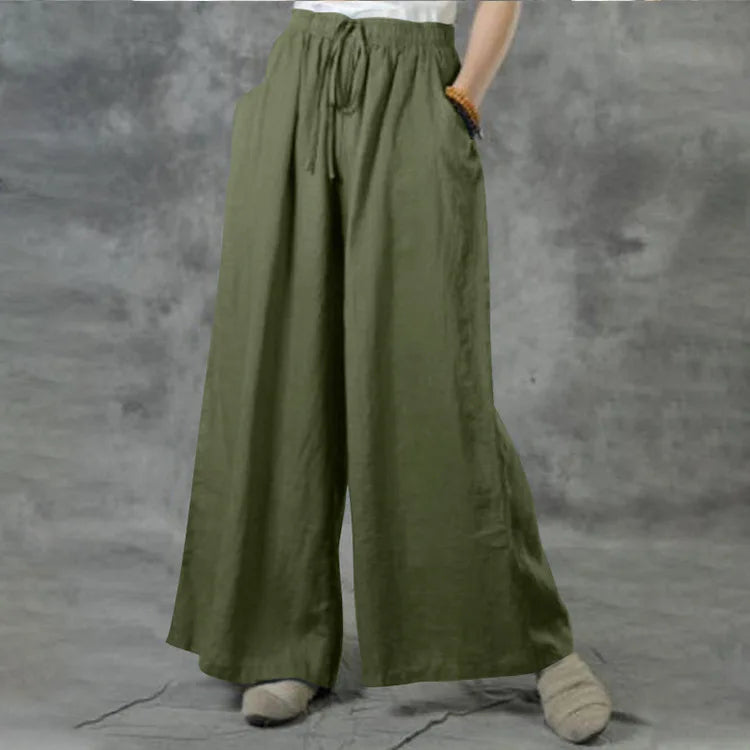 Boho Cotton Linen Pants for Women Comfortable Elastic Waist Drawstring Wide Leg Trousers Loose Fit Flowy Summer Pants