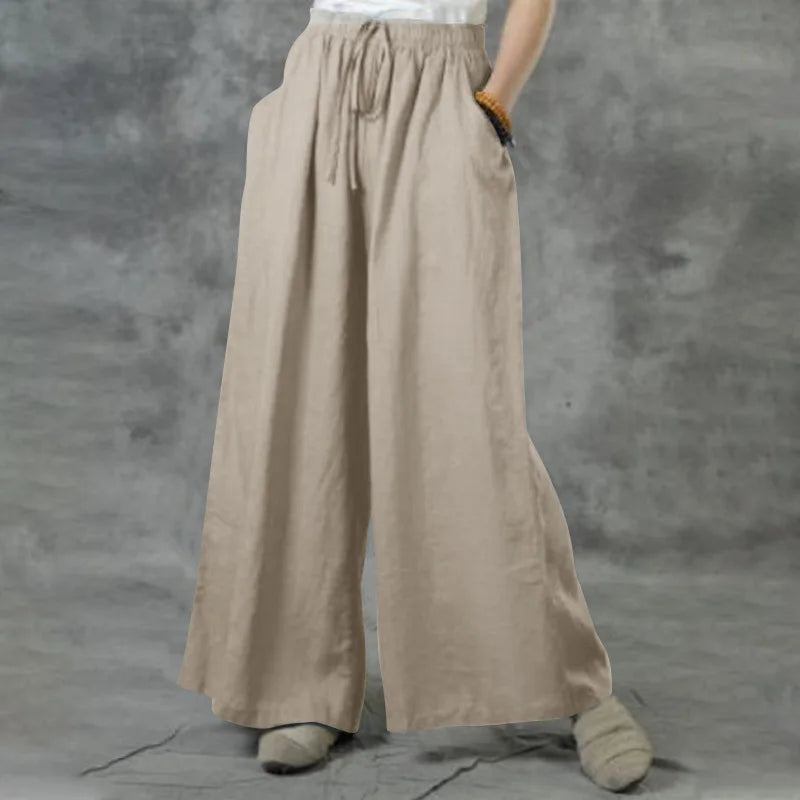 Boho Cotton Linen Pants for Women Comfortable Elastic Waist Drawstring Wide Leg Trousers Loose Fit Flowy Summer Pants