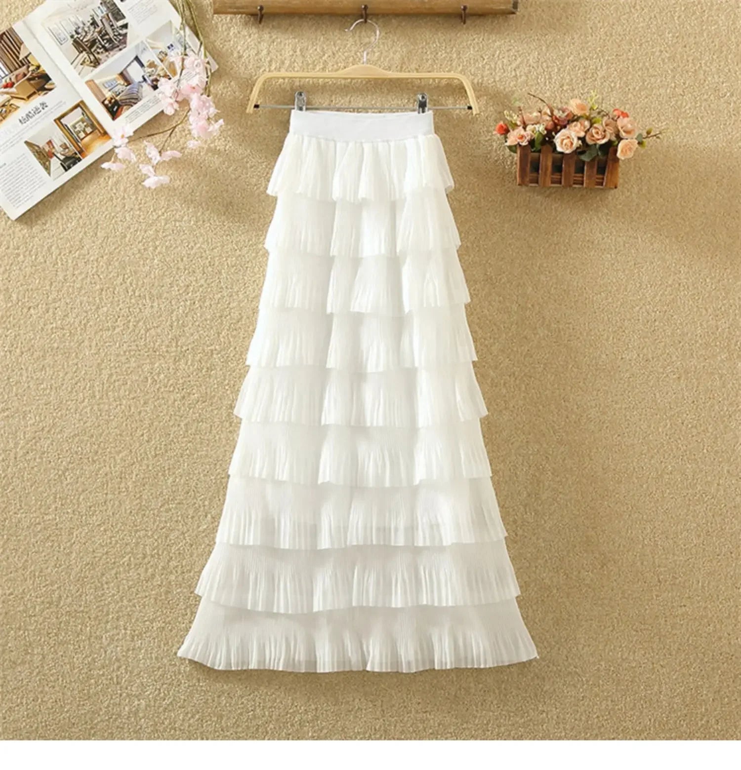 Plus Size High-Waisted Slimming Elastic Waist Chiffon Skirt Medium-Length Slim Fit Semi-Circular Layered Cake Skirt Plus Size...