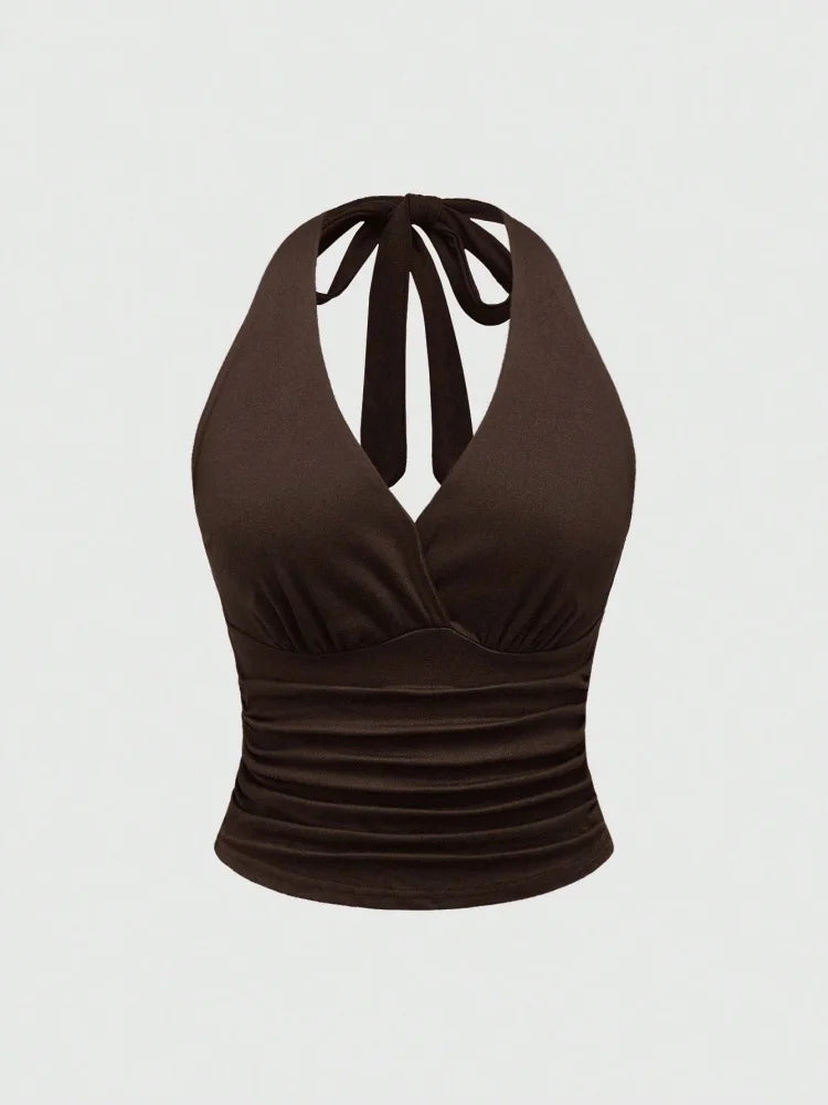 Solid V-neck Backless Halter Crop Top for Women Summer Sexy Y2K Sleeveless Ruched Top Streetwear