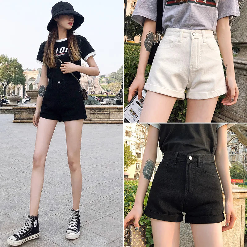 High-Waist Cuffed Denim Shorts Women Summer Korean Style Student Loose Slimming Outerwear A-Line Wide Leg Hot Pants Y2K Shorts