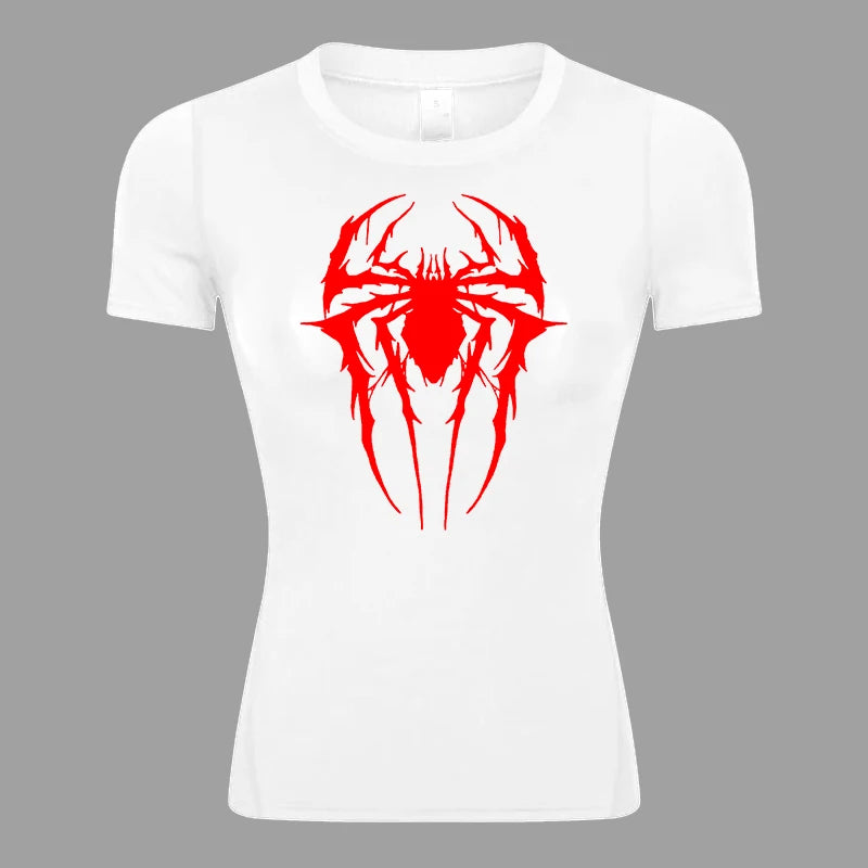 Spider Print Short Sleeve Compression Shirt for Women Athletic Running Workout Yoga T-Shirt Tees Baselayer Tops Gym Sports Gear