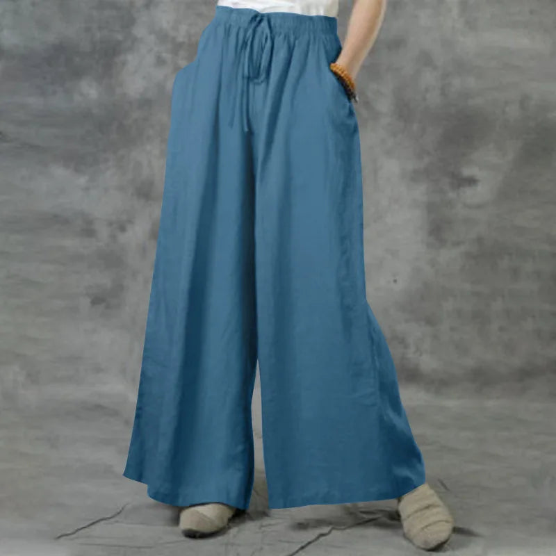 Boho Cotton Linen Pants for Women Comfortable Elastic Waist Drawstring Wide Leg Trousers Loose Fit Flowy Summer Pants