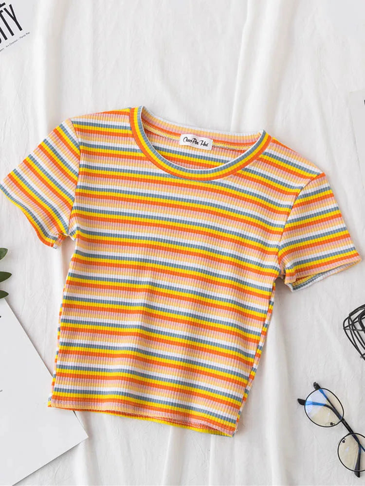 New T Shirt Women Rainbow Striped Tops Slim Fit t shirt Harajuku Tshirt Summer Short Sleeve Korean T-shirt feminina Clothes Tops
