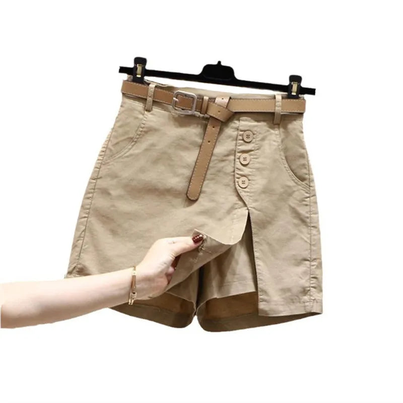 Women's Summer with Belt Cotton Shorts New Korean Joker Fashion Button High Waist A-word Pants Skirt