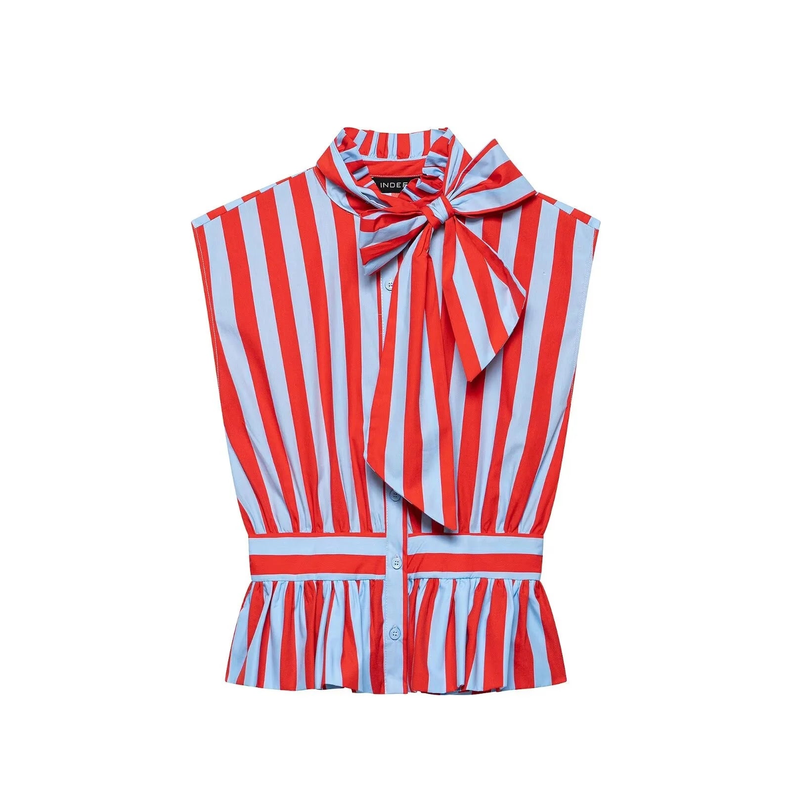 Striped Bow Blouse Women Sleeveless Peplum Tops Elegant High Neck Ruffle Shirt Vintage Chic Slim Waist Summer Blusas