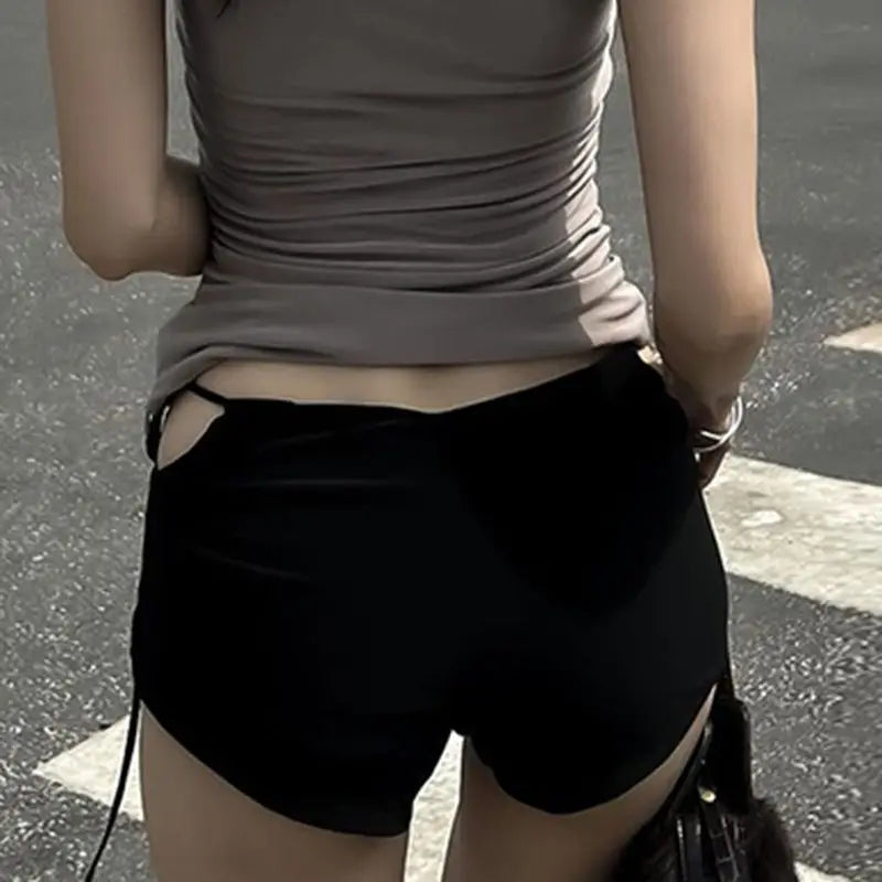 Y2k Hollow Lace Up Low Waist Elastic Mini Straight Tight Orts Shorts Sexy Women Retro Trendy Summer Party Outfit Spice Girl Styl