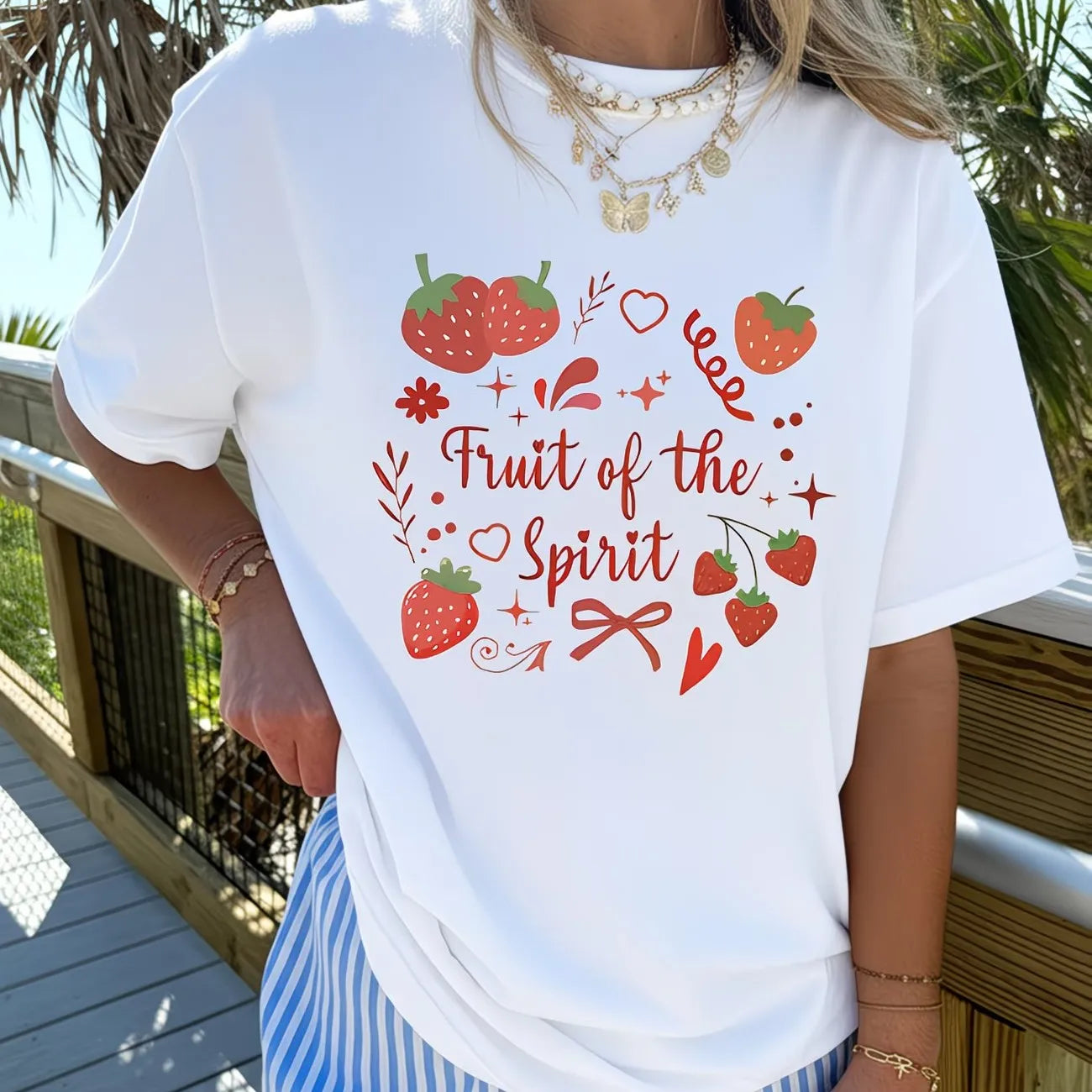 Fruit of the Spirit Christian T Shirt Cute Strawberry Bow Graphic Tops Women Trendy Aesthetic Casual Short Sleeve Tee
