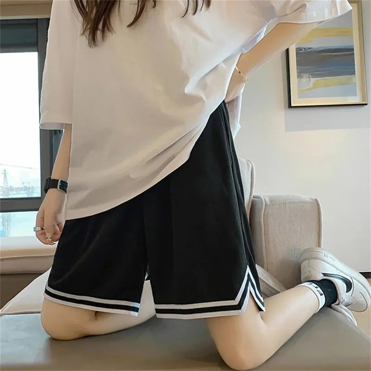 Loose Five-Point Sports Pants Thin Casual Running Shorts for Girls Hong Kong Style High School Students College Entrance Exam