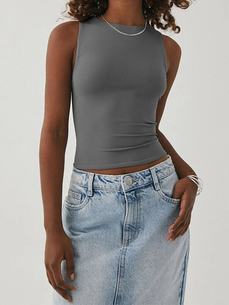 Tank Top Shirt Sleeveless Round Neck Racerback Design Tight Fitted Basic Athletic All Season Gym Workout Daily Casual For Women