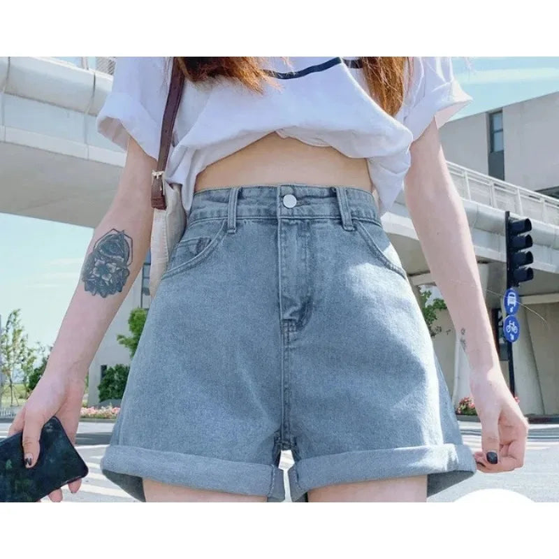 High-Waist Cuffed Denim Shorts Women Summer Korean Style Student Loose Slimming Outerwear A-Line Wide Leg Hot Pants Y2K Shorts