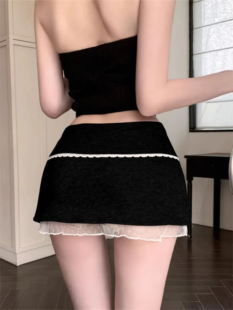 Cute Bow Lace Mini Skirt Women Microskirts Low Rise Side Slit A Line Short Skirtwith Built-in Shorts Kawaii Coquette Y2K e-Girl