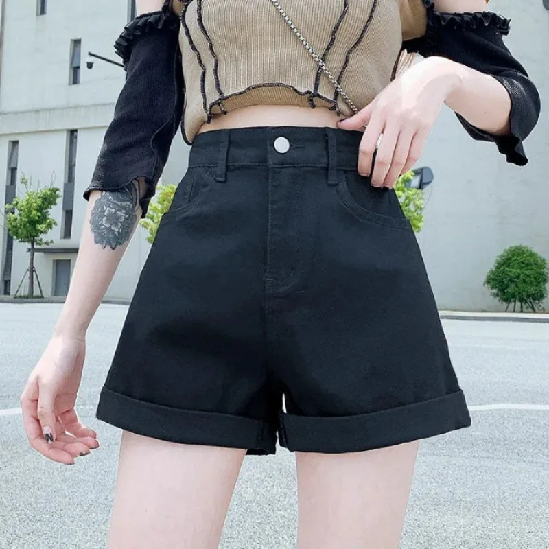 High-Waist Cuffed Denim Shorts Women Summer Korean Style Student Loose Slimming Outerwear A-Line Wide Leg Hot Pants Y2K Shorts