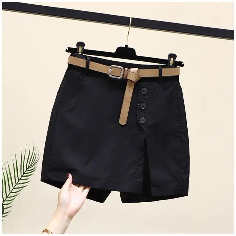 Women's Summer with Belt Cotton Shorts New Korean Joker Fashion Button High Waist A-word Pants Skirt