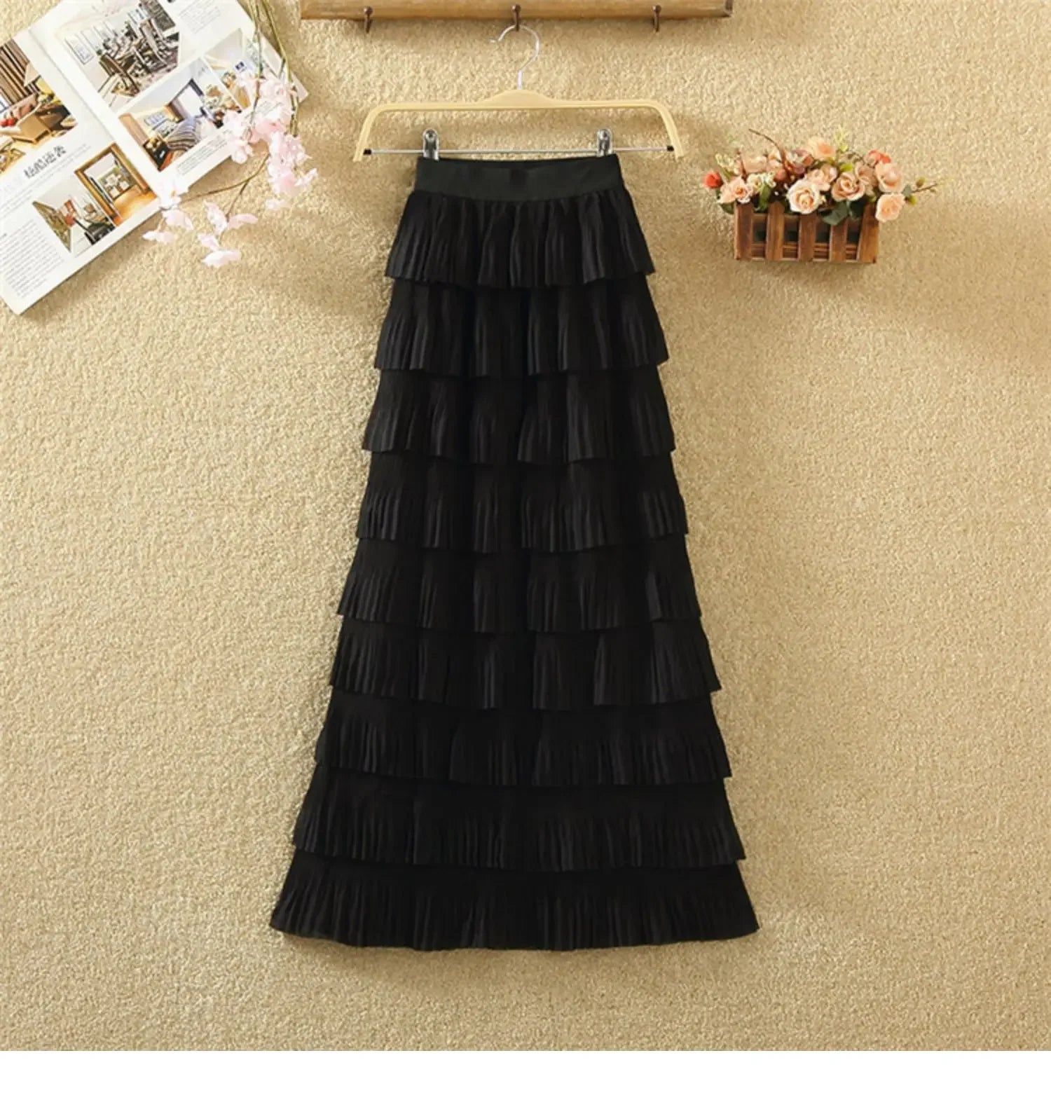 Plus Size High-Waisted Slimming Elastic Waist Chiffon Skirt Medium-Length Slim Fit Semi-Circular Layered Cake Skirt Plus Size...