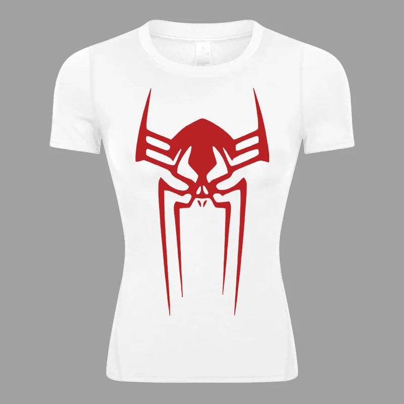 Spider Print Short Sleeve Compression Shirt for Women Athletic Running Workout Yoga T-Shirt Tees Baselayer Tops Gym Sports Gear