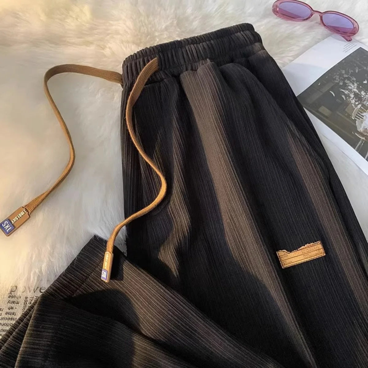 Women's Straight Pants Pleated Elastic Waist Drawstring Pocket Retro High Waisted sports Clothes Ladies' Loose Commuting Trouser
