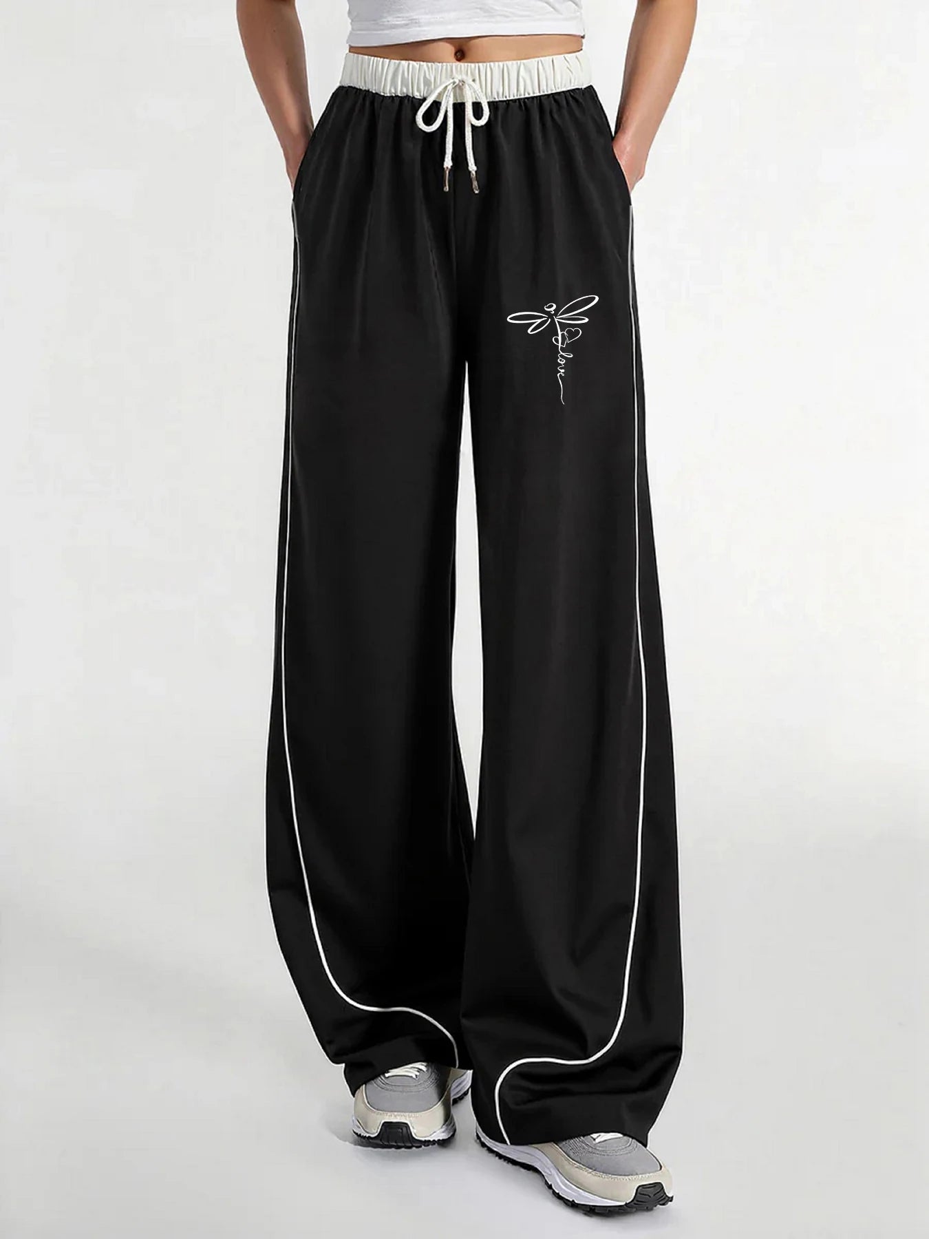 Women's Casual Pants, a Must-Have for Trendy Looks, Summer Fresh Artistic Style with Dragonfly Love Line Print, Color-Blocked Wide-Leg Casual Pants with White Side Stripe Design, Loose Fit with Strong Drape Effect, Slimming a