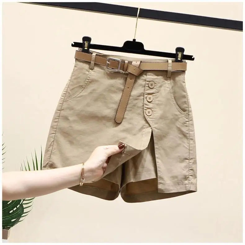 Women's Summer with Belt Cotton Shorts New Korean Joker Fashion Button High Waist A-word Pants Skirt