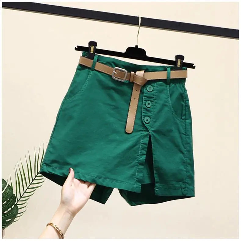 Women's Summer with Belt Cotton Shorts New Korean Joker Fashion Button High Waist A-word Pants Skirt