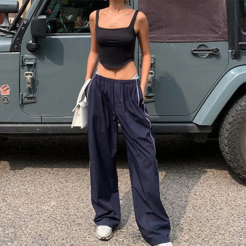Y2K Women Vintage Baggy Cargo Pants For Women Drawstring Elastic Low Waist Pants Harajuku Hip Hop Straight Wide Leg Sweatpants
