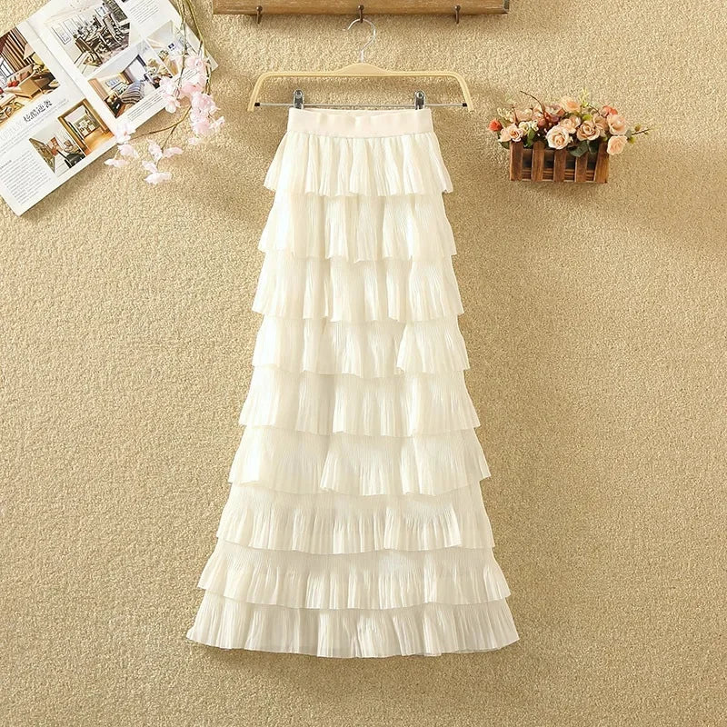 Plus Size High-Waisted Slimming Elastic Waist Chiffon Skirt Medium-Length Slim Fit Semi-Circular Layered Cake Skirt Plus Size...