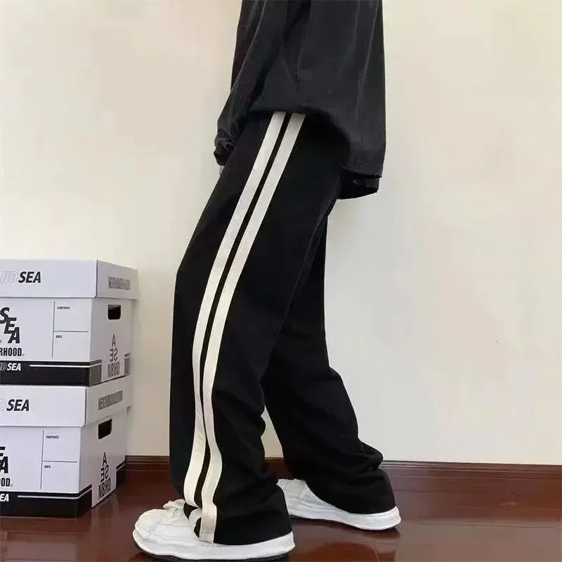 2025 Korean Fashion Wide Leg Pant Women Loose Casual Striped High Waist Woman Hiphop Elastic Waists Pocket Straight Pants