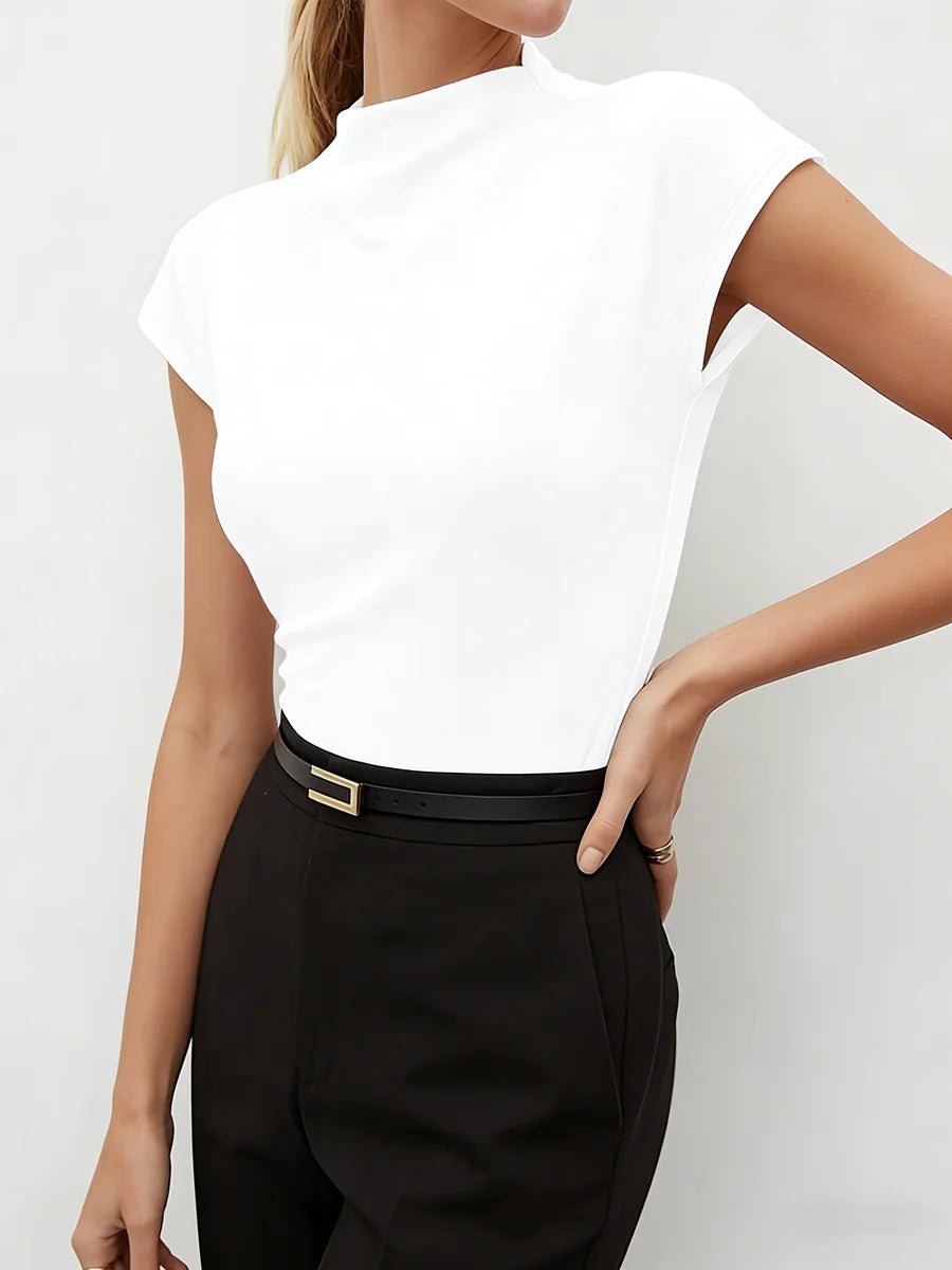 Slim Fit Mock Neck Cap Sleeve T-Shirt Elegant Minimalist Daily Basic Summer Top