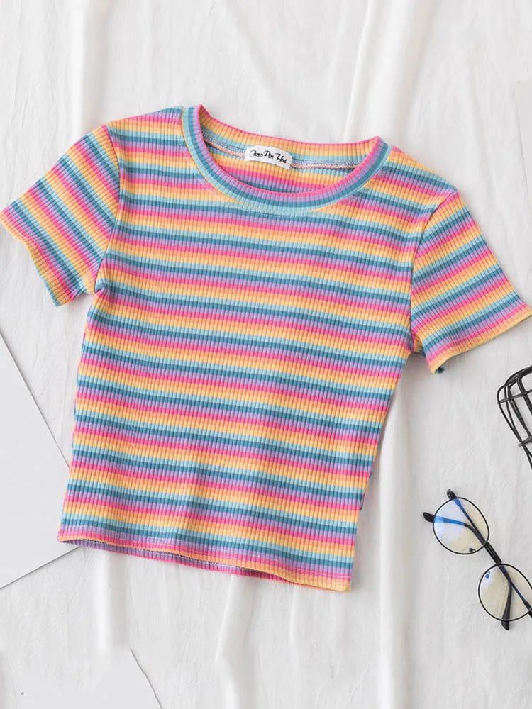 New T Shirt Women Rainbow Striped Tops Slim Fit t shirt Harajuku Tshirt Summer Short Sleeve Korean T-shirt feminina Clothes Tops