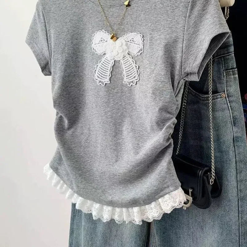 Fanan Retro Bow Lace Short Sleeved T-shirt Woman Y2K Round Neck Stitching Design Top Women Summer Korean Slim Fit Cropped Tees