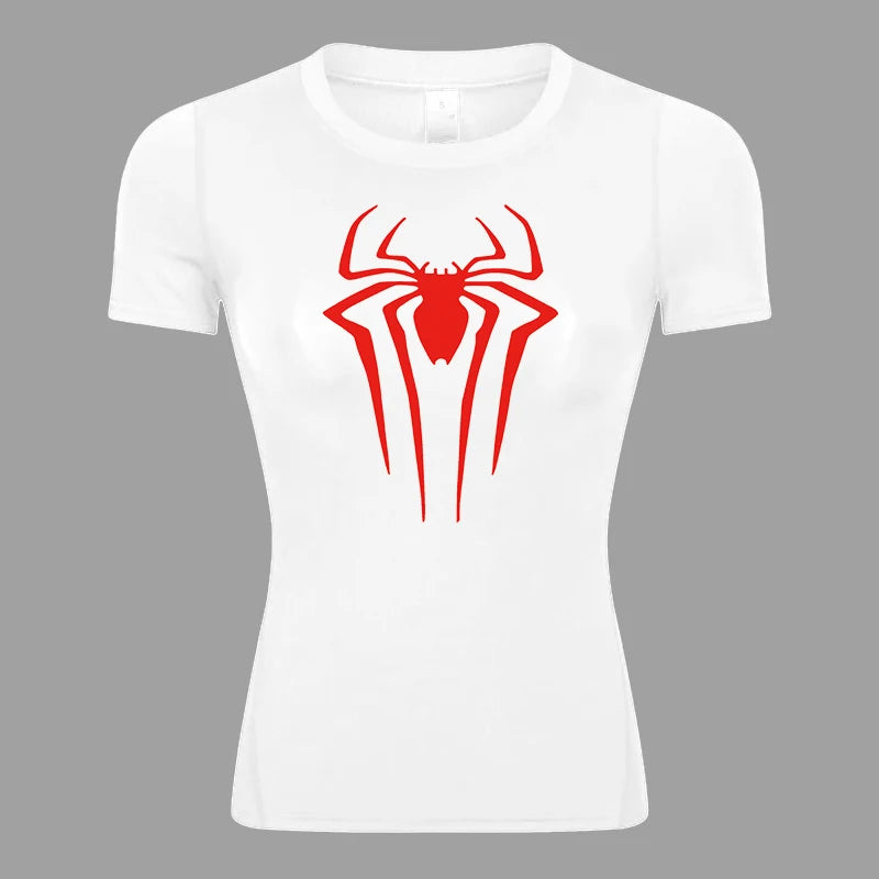 Spider Print Short Sleeve Compression Shirt for Women Athletic Running Workout Yoga T-Shirt Tees Baselayer Tops Gym Sports Gear