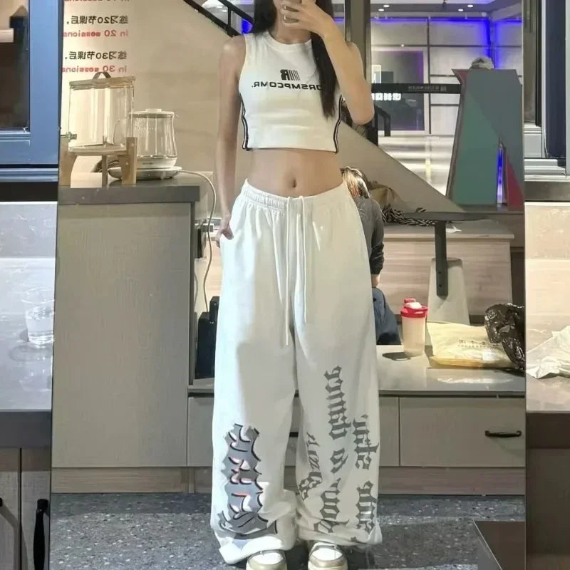 Retro Y2K Wide Leg Track Pants for Women Casual Street Dance Baggy Joggers Sweatpants Trendy 2025 Print Letter Design Versatile