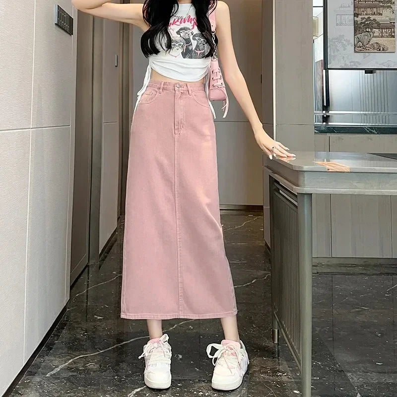 New Summer Women's 100% Cotton Denim Shorts Pink High-waisted Slit Retro Elegant Fashionable Casual Denim Long Skirt Female