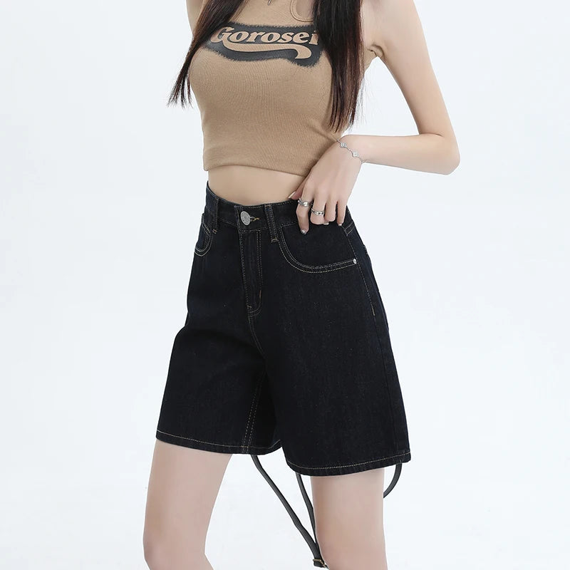 Women's Dark Blue High Waist Denim Shorts Loose Wide Leg Design Sense Niche Vintage Style