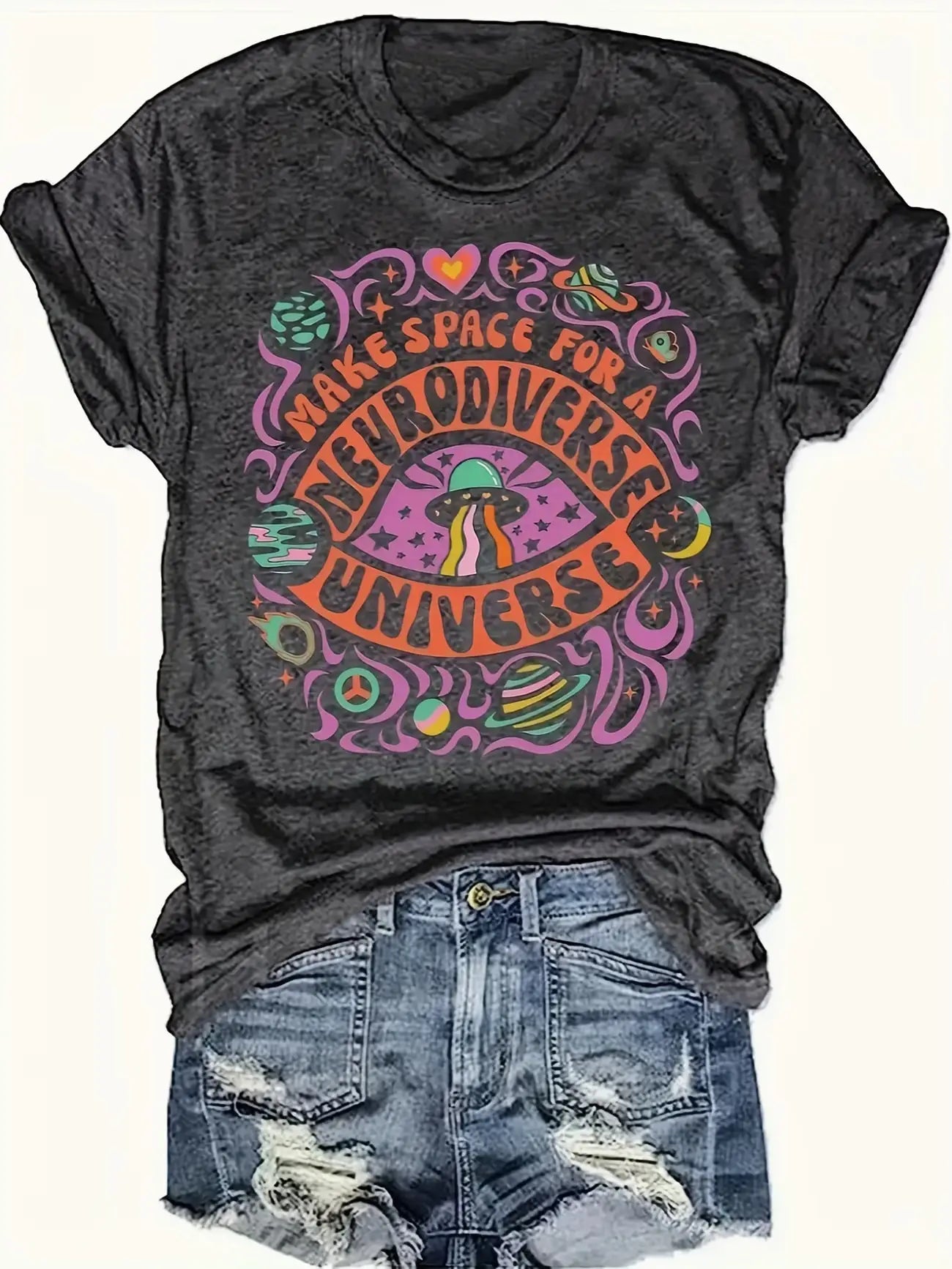Plus size women's short sleeve T-shirt Make Space For A Neurodiverse Universe soft and comfortable fabric summer outfits