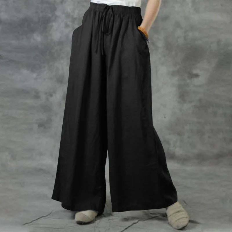 Boho Cotton Linen Pants for Women Comfortable Elastic Waist Drawstring Wide Leg Trousers Loose Fit Flowy Summer Pants