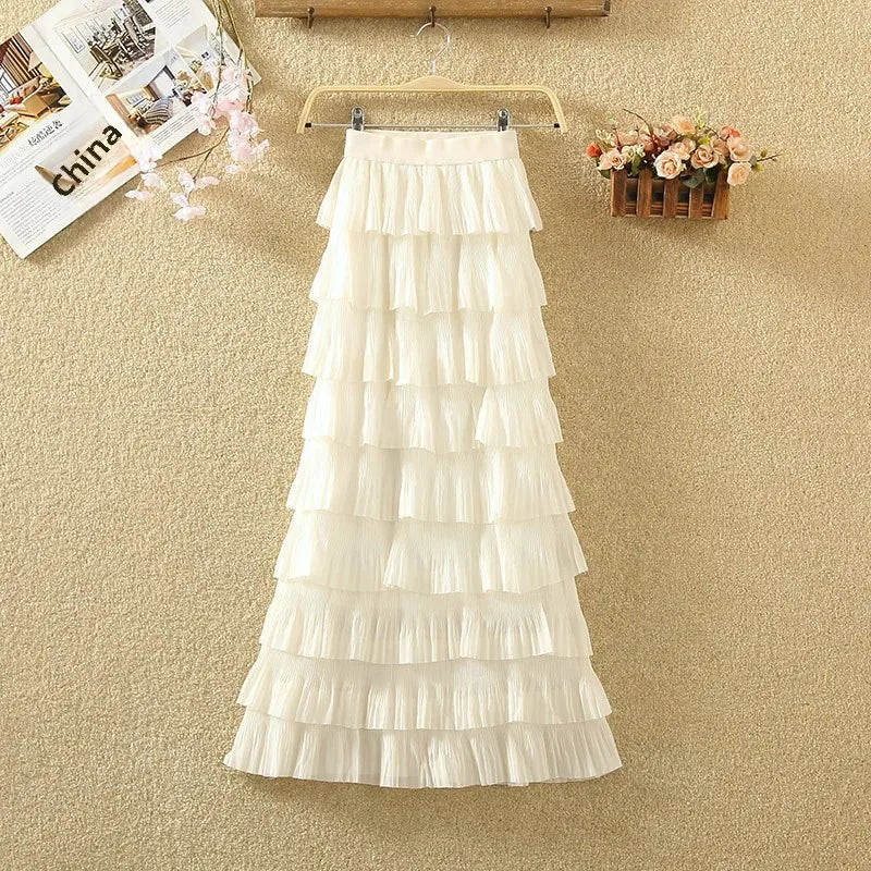 Plus Size High-Waisted Slimming Elastic Waist Chiffon Skirt Medium-Length Slim Fit Semi-Circular Layered Cake Skirt Plus Size...