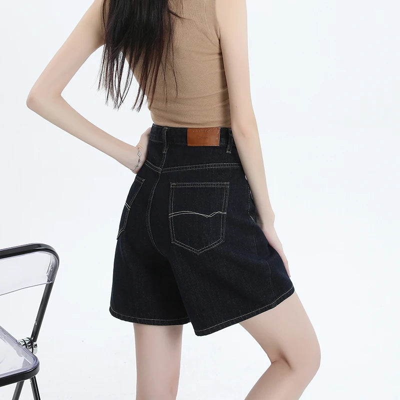 Women's Dark Blue High Waist Denim Shorts Loose Wide Leg Design Sense Niche Vintage Style