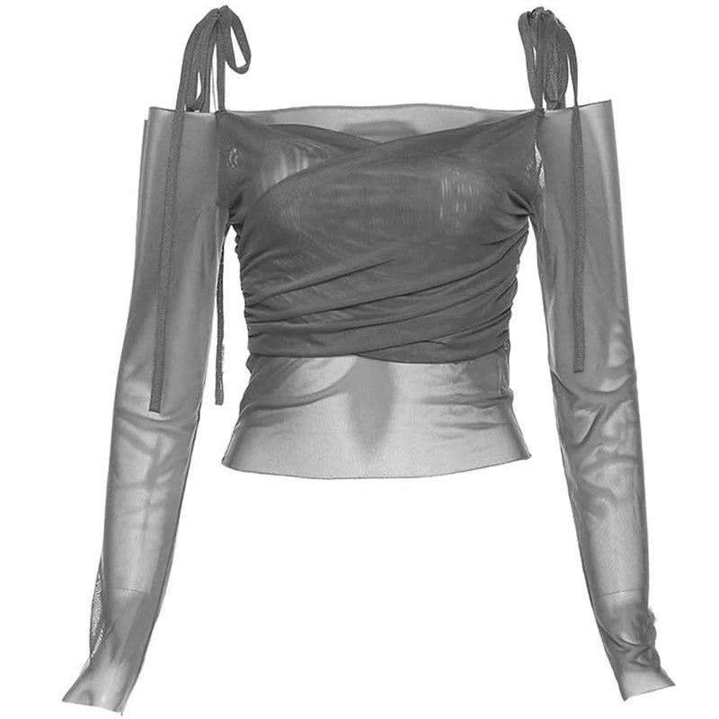 Women's Y2K Streetwear Solid Slash Neck Crop Top Sexy Off-Shoulder Long Sleeve Slim Mesh Tee Straps T-Shirt