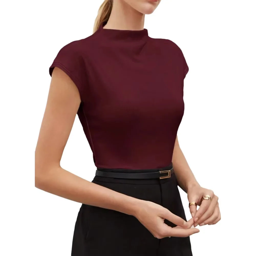 Slim Fit Mock Neck Cap Sleeve T-Shirt Elegant Minimalist Daily Basic Summer Top