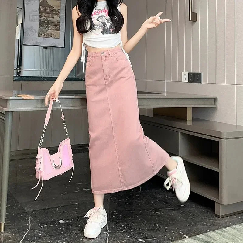New Summer Women's 100% Cotton Denim Shorts Pink High-waisted Slit Retro Elegant Fashionable Casual Denim Long Skirt Female