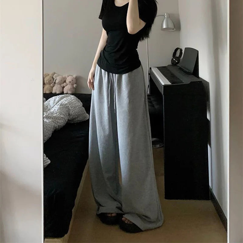 2026 Harajuku Wide Leg Sweatpants for Women Elastic Waist Casual Sport Pants Woman Streetwear Gray Oversize Sportswear Female