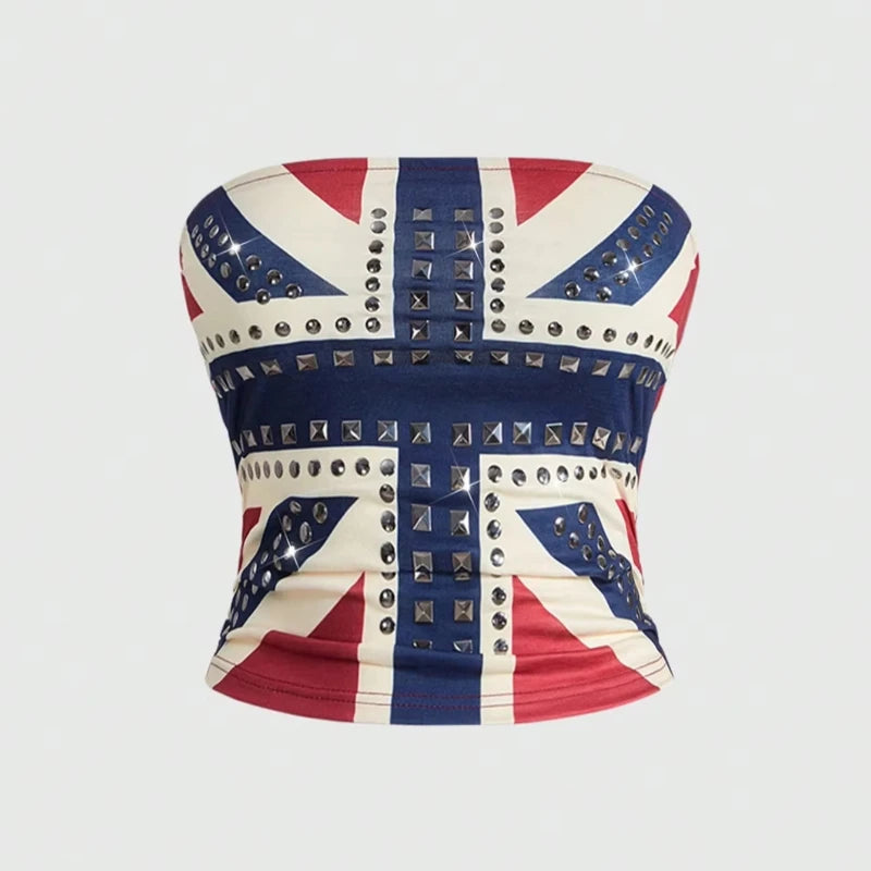 2026 New Summer Slim Individuality Retro Tailoring Union Jack Print Vest Studded Streetwear Y2K Aesthetic Tube Top Vest Woman